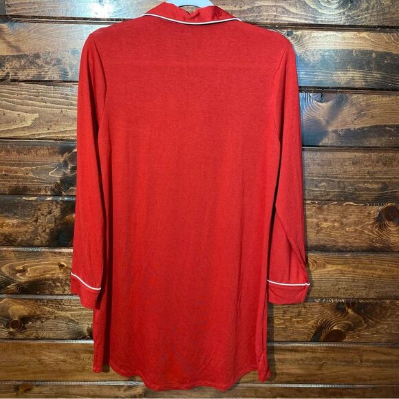 Cynthia Rowley Notch Collar Nightshirt Long Sleeve Red With White Trim Women's M - Picture 15 of 16